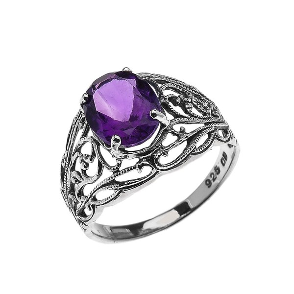 Sterling Silver Modern Filigree Design Genuine Amethyst Ladies Ring(Size 8)