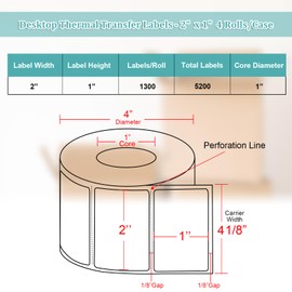 2 x 1 Inches Desktop Thermal Transfer Labels, Ribbon Required, 1 Inch Core, 1300 Labels/Roll- 4 Rolls/Case, Perforated, for Desktop Thermal Transfer Printers
