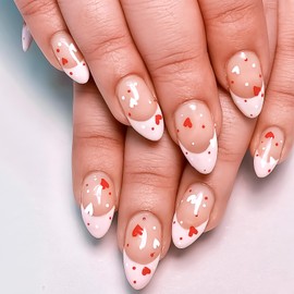 24Pcs Pink French Tip Valentines Day False Nails Almond Medium Press on Nails Red Heart False Nails Acrylic Nails Glossy Stick on Nails DIY Manicure for Women Girls Nails Decor