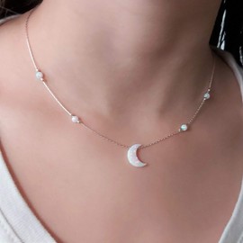 Crescent Moon Opal Necklace 925 Sterling Silver Chain White Moon Pendant Necklace Length 16"+extension