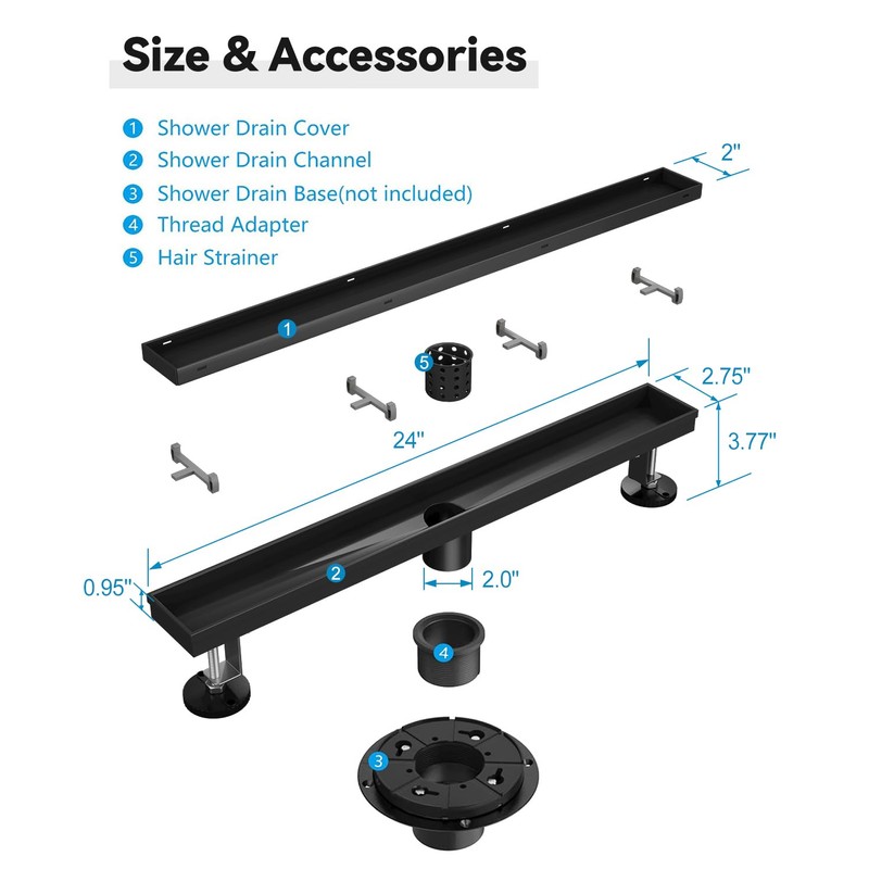HTOH Black Shower Drain, 24 Inch Linear Shower Drain with