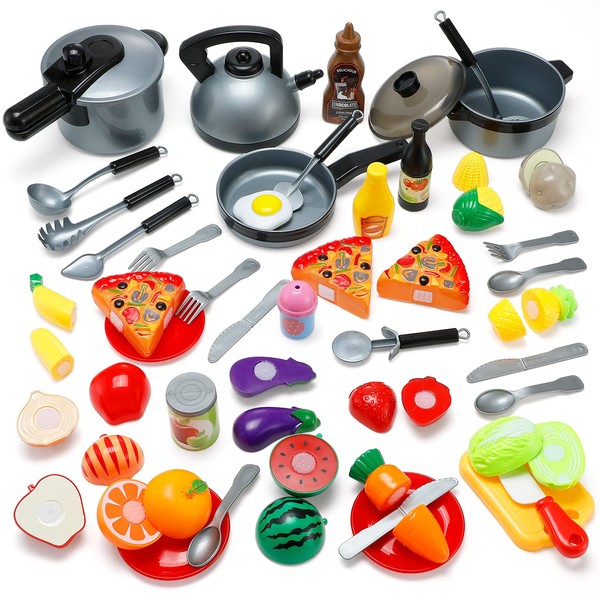 Play Kitchen Toy Set for Kids: Theefun 45Pcs Pretend Cooking Playset with Plastic Pressure Pot, Pan, Cooking Utensils and Cutting Play Food - Educational Learning Gifts for Girls and Boys