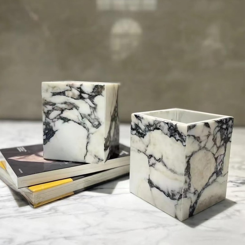 Artisanal Abode Natural Marble Pencil Pen Holder, Double Layer Desk