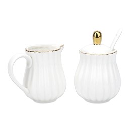 Ceramic Sugar and Creamer Set, 3-Piece Porcelain Serving Set with Sugar Bowl and Cream Pitcher, Includes Lid and Spoon for Coffee or Tea, Wedding or Bridal Gift in White