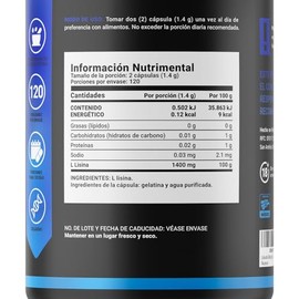 Lisina Pura de 240 cápsulas 1400 mg por porción. Aminoácido esencial. Ingredientes 100% Naturales. Pure Lysine B Life.