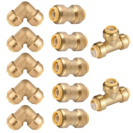 HeSun 12-Pack Pushfit Fittings Combo, 1/2" Push to Connect Plumbing Fittings-Coupling(5 PCS), Elbow(5 PCS), Tee(2 PCS), Brass Push-fit Fittings with Disconnect Clip