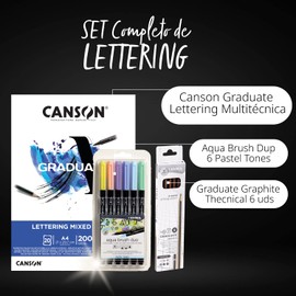 Canson Graduate Lettering Multi-Technical Bloc Kit 20 Sheets 200g, Lyra Aqua Brush Duo Pastel Shades 6 Units, Double Sided Markers: One Fine - Ofituria