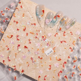 ASDIIT 2 Sheets Koi Fish Nail Stickers Chinese Style 5D Nail Relief Art Decals Lucky Goldfish Decorations DIY Supplies