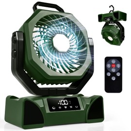 Covanm Battery Operated Camping Fan, 20000mAh USB Rechargeable Fan, 10in Auto Oscillating Desk Fan with Remote Light, 5 Speeds 3 Light Color & 4 Timer Mode, Portable Hook for Tent Beach Home Office
