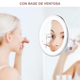OUDAR 【con Ventosa】 Espejo con Luz, Espejo para Maquillaje con luz LED, Espejos para Baño de Aumento x10 con Luz y Rotación 360°, Interruptor De Pantalla Táctil, Led de 3 Colores En Iluminación.
