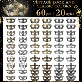 Sureio 60 Pcs Masquerade Mask Vintage Antique Masks Mardi Gras Masks Bulk Adults Teens Party Mask Venetian Masks for Party Cosplay Performance Prop