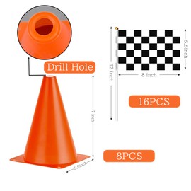 Traffic Cones with Racing Checkered Flags-8 Traffic Cones With Hole on Top, 16 Checkered Flags, Race Car Birthday Party Supplies, Table Centerpiece Decorations, Kids Gift