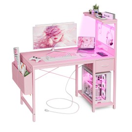 Grandder Gaming Desk 40 Inch with Power Outlet and LED Light, Computer Desk with Reversible Shelves and Storage Drawer, Pc Small Desk for Home Office Table with Bag, Carbon Fiber Pink