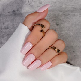 KQueenest Light Pink Press On Nails Long Square - Summer Press On Nails Medium Coffin, Sheer Nude Pink Fake Nails with Glue, Glossy Opaque, Reusable Soft Gel Glue on Nails for Women, 24 Pcs