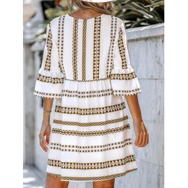 CUPSHE Women's Dress Geo Print V-Neck Long Sleeve Mini Dresses Short Sleeves Casual, Large White