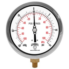 Winters P3S 300 Series Aluminum Dual Scale Pressure Gauge with Brass Internals, 30" Hg Vacuum-0-15 psi/kpa, 4-1/2" Dial Display, +/-0.5% Accuracy, 1/4" NPT Bottom Mount
