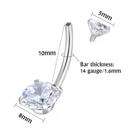 Popuhoops G23 Titanium Belly Button Ring Prong Set CZ Cubic Zirconia Internally Threaded Belly Button Bars Silver 14G 10mm Belly Body Piercings Barbell Jewelry Navel Ring for Women
