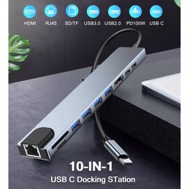 USB C Hub Ethernet HDMI Adapter, 10 in 1 Laptop Docking Station with 4K HDMI, RJ45 Ethernet, SD/TF Card Reader, USB 3.0/2.0, PD 100W, LAN USB-C Dongle for MacBook Pro/Air, iPad Pro, XPS, etc