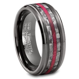 Metal Masters Co. Mens Carbon Fiber Tungsten Carbide Ring Red Wood Wedding Band Gunmetal 8MM