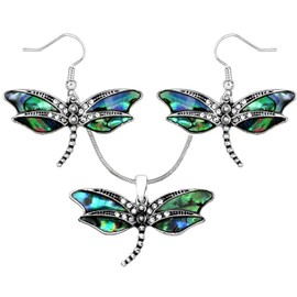 DianaL Boutique Stunning Dragonfly Pendant Necklace and Earrings Set with 19" Chain Abalone Shell Fashion Jewelry
