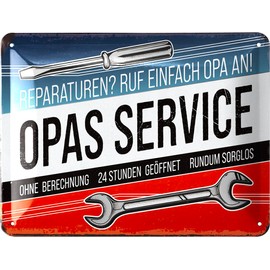 LANOLU Retro Blechschild OPAS SERVICE - Schild Werkstatt OPA - Geburtstagsgeschenk, Vatertagsgeschenk Schild für Opas - lustige retro Deko mit Spruch 15x20cm