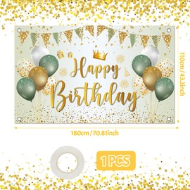 Birthday Banner Green Gold, Happy Birthday Banner 180 x 110 cm, Happy Birthday Background Banner, Large Birthday Banner Sign Poster for Girls Boys Party Decoration