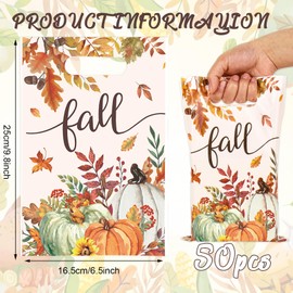 FYSUIMU 50Pcs Fall Party Favor Bag Watercolor Pumpkin Leaves Plastic Treat Bags with Handles Candy Goodie Bags for Autumn Harvest Thanksgiving Snack Cookie Packing