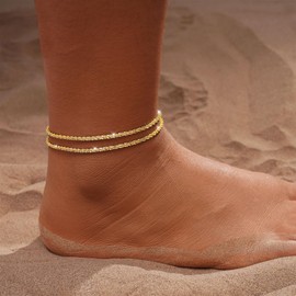 CAROVO Gold Ankle Bracelets for Women 14K Real Gold Plated Layered Anklet Waterproof Set Sparkly Chain Stackable Anklets Set Beach Jewelry for Women