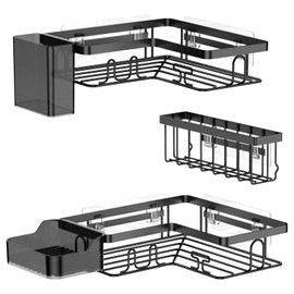 YEAPUPE PRO - Mensola per doccia senza foratura, set da 5 scaffali da bagno, con 2 mensole angolari, portasapone, portaspazzolino e cestello, mensola da parete autoadesiva, colore nero