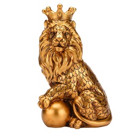 BRABUD Resin Sitting Lion with Ball Gold Statue Accent Crown Lion Statue Modern Home Office Desk Table Shelf Decoration Collectible Gift TQSHBS7