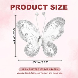 PATIKIL 12Pcs Butterflies for Crafts, 2.2" Mesh Wire Glitter Butterfly Organza Butterflies for DIY Craft Home Decor Clothing Wedding Decoration, Silver