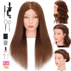 Mannequin Head with 100% Real Human Hair Cosmetology Training Doll Head for Hair Styling Cutting Braiding (Dark Brown)