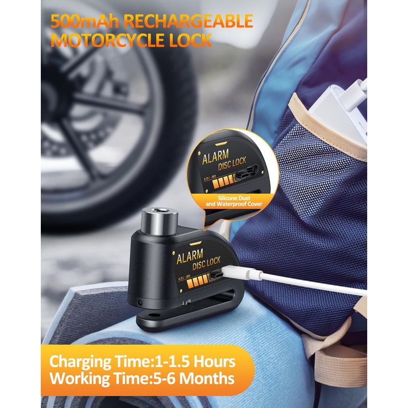 ONVIAN Rechargeable Motorcycle Lock with 120db Alarm and 6FT Steel