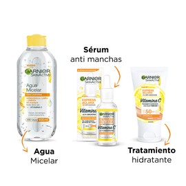 Kit Garnier Express Aclara Anti manchas con Vitamina C: sérum, Todo-en-1 Tono Medio con FPS y Agua Micelar