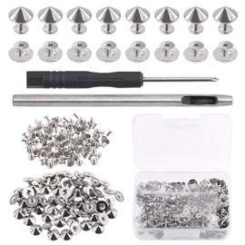 Rustark 100 Sets Silver Cone Spikes and Studs with Setting Tools Kit 10 mm x 4.7 mm Metal Bullet Spikes Screw Back Punk Studs and Spikes Bullet Cone Rivets for DIY Leather Craft Clothing Shoes Bag