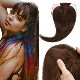 Elailite Hair Topper Extensions Women Toupee with Bang 100% Remy Real Hair 7 x 13 cm Base Clip in Hair Thickening #04 Medium Brown - 25 cm
