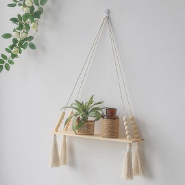 Macrame Wooden Wall Hanging Shelves,Boho Room Decor for Bedroom, Bathroom, Living Room, Rope Farmhouse Aesthetic Wooden Floating Small Bookshelves Plant, Display Shelving for Hanging Plants Photos