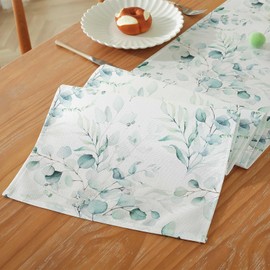 meioro Green Eucalyptus Leaves Table Runner, 30 x 120 cm, Seasonal Table Linen, Spring Summer Wedding Tablecloth for Kitchen, Food, Holiday, Party, Table Decoration