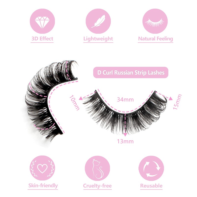 Oreola False Eyelashes, 10 Pairs, Russian Strip Lashes, D Curl