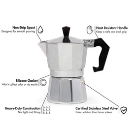 Primula Classic Stovetop Espresso and Coffee Maker, Moka Pot for Italian and Cuban Café Brewing, Greca Coffee Maker, Cafeteras, 3 Espresso Cups, Silver