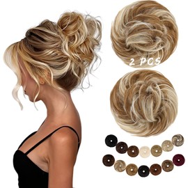 FeidyLong 2PCS Messy Bun Hair Piece Large Wavy Scrunchies Synthetic Chignon Ponytail Hair Extensions Thick Updo Hairpieces for Women 1.76oz each(Ginger Blonde Mix Bleach Blonde)