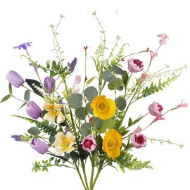 CISDUEO 4 Pcs Wildflowers Artificial Flowers Daisies Roses and Poppies Faux Wildflowers Summer Flowers Artificial for Decoration Spring Silk Floral Arrangement Wedding Party Table Centerpieces Home