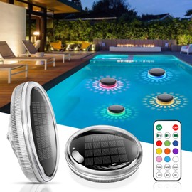YAYZA! Solar Rechargeable Floating Pool Lights, RGB Color Changing Pool Floating Light, Waterproof LED Solar Pool Lights That Float with Remote Control for Inground Pool, Bathtub, Pool Party 2 Pack