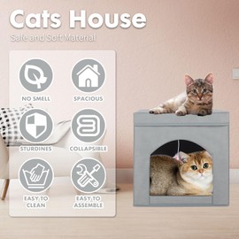 PowerKing Cat House for Indoor Cats, Collapsible Cat Beds for Indoor Cats, Foldable Cat Cube Cat Cave Cat Condo Cat Hideaway for Cat Rest, 13 x 13x 13 inches (Grey)