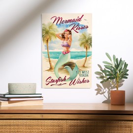 Lantern Press 12x18 Inch Premium Wood Sign, Ready to Hang Wall Decor, Key West, Florida, Mermaid Kisses and Starfish Wishes, Watercolor