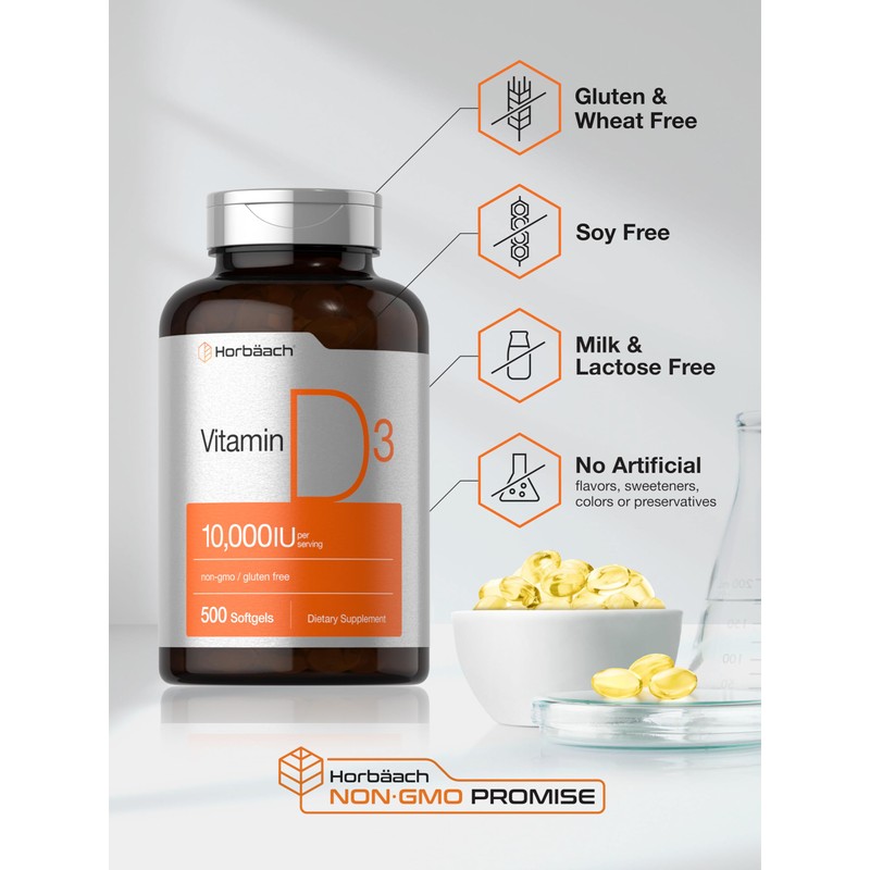 Horbäach Vitamin D3 10000 IU | 500 Softgels | Non-GMO,