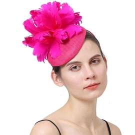 Poememgi Sinamay Fascinator Hat with Top Flower, Women Feather Headwear for Church Wedding Derby Cocktail Tea Party Hotpink