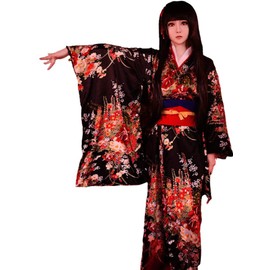 Lady Lazy Kimono, Hell Girl Cosplay Kimono, Long Kimono, Yukata, Floral Pattern, Furisode, Black, (M)