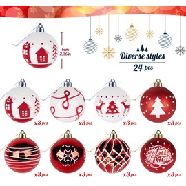 24 Pieces Christmas Baubles Plastic Set Red White 6 cm Classic Christmas Tree Baubles with Pendant and Lanyard Christmas Tree Decoration Christmas Tree Balls Hanging Bauble for Christmas Wedding Party
