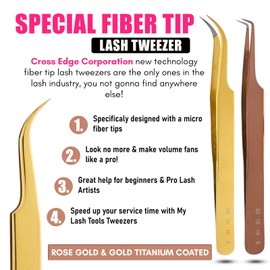 My Lash Tools - New Fiber Tip Lash Tweezers for Eyelash Extensions Tweezers SET OF 2 Mini Isolation & Microgrip Tip Curved Volume Tweezers Japanese Steel Lashing Tweezer (Gold & Rose Gold Set)